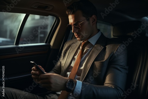 Communicative Man car using phone. Driver road. Generate Ai © juliars