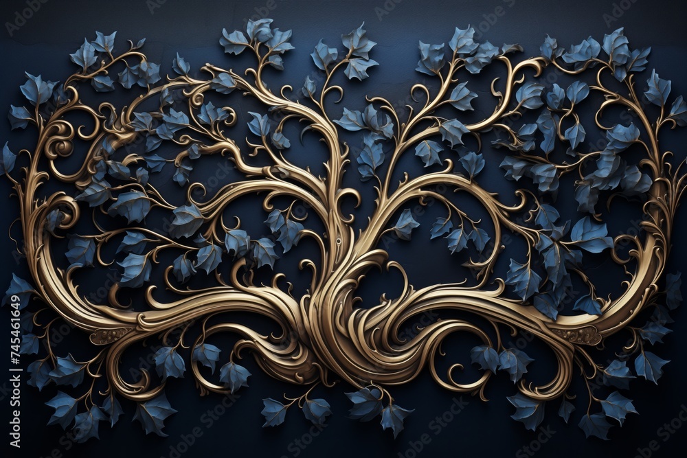 Decorative Vine Tree, Eerie Atmosphere, Detailed Illustrations, Dark Azure, Bronze, Colorful Woodcarvings, Mysterious Backdrops, Organic Sculpting