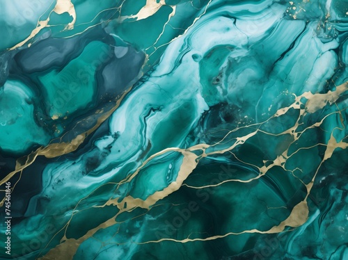 Emerald Green Marble Background, Gold Foil, Dark Turquoise, Luxury Top View Image