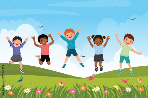 Group of little kids jumping at the meadow together