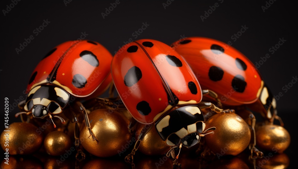 Fototapeta premium Red, Golden Ladybug on Black Background, Insect Illustration in Natural Habitat, Nature Closeup Scene