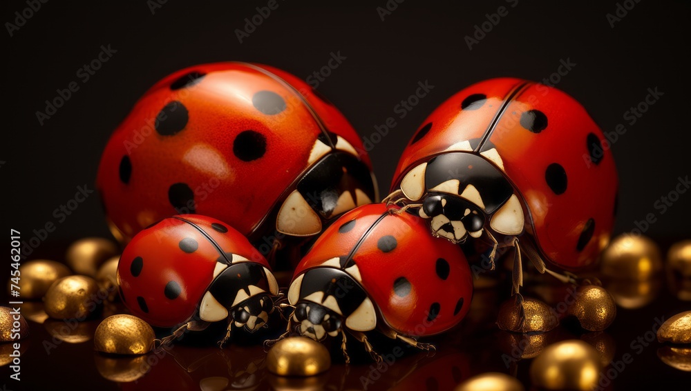 Fototapeta premium Red, Golden Ladybug on Black Background, Insect Illustration in Natural Habitat, Nature Closeup Scene