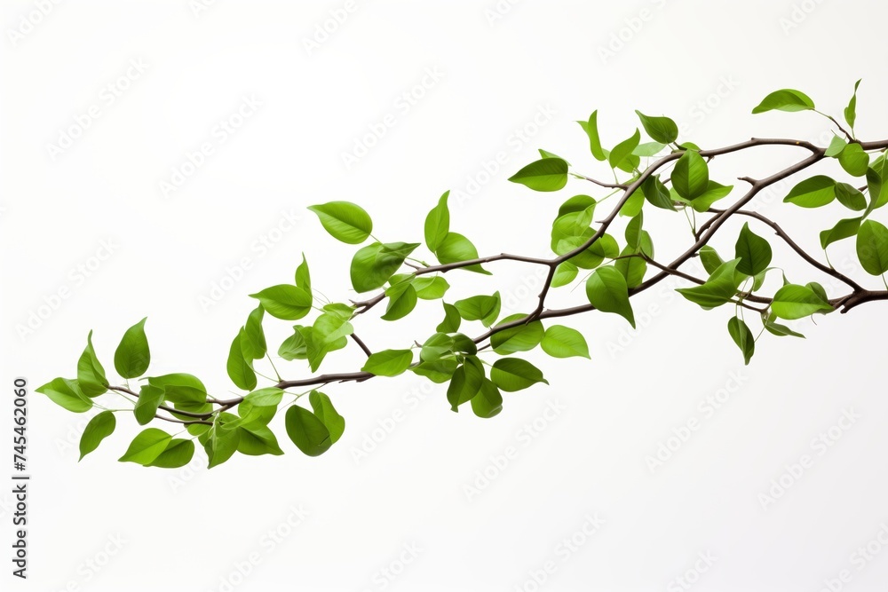 Green Leaves on Branch, Minimal Botanical Composition, White Background Green Leaves on Branch, Minimal Botanical Composition, White Background