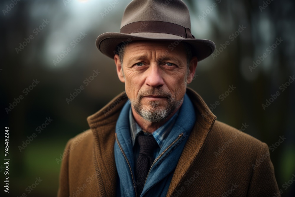 Portrait of a senior man wearing a hat and coat outdoors.