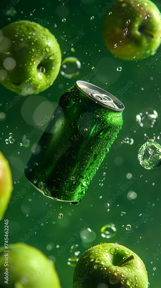 Green apple and soda can immersed in water with bubbles Green apple and soda can immersed in water with bubbles
