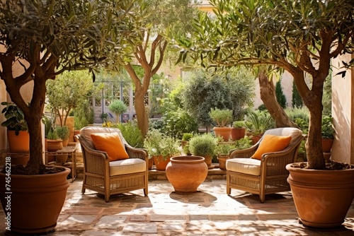 Beautiful Grecian Patio Oasis: Terra Cotta Pots, Olive Trees, Sunlit Courtyard