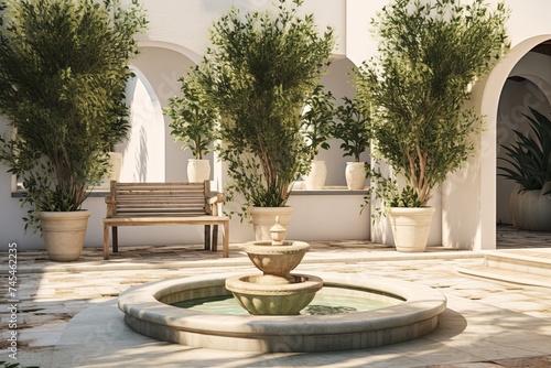 Grecian Oasis: Minimalist Fountain and Olive Tree Planters for Stylish Patio Designs