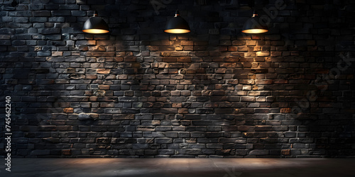 Rough black brick wall texture background and yellow hanging lights on it.  photo