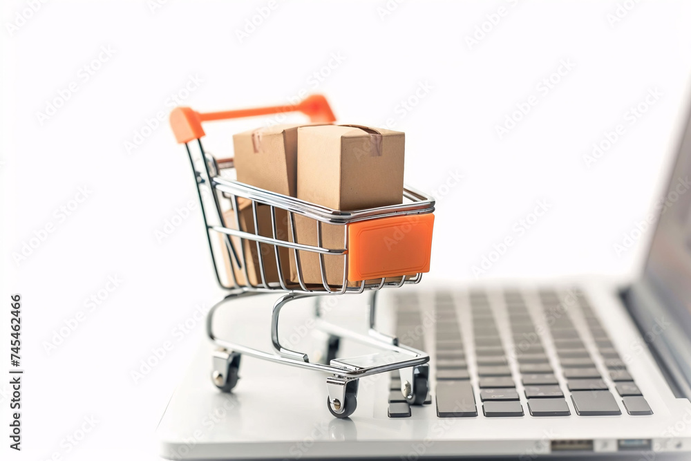Online Shopping Convenience with Laptop and Shopping Cart