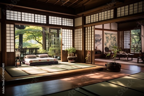 Japanese-Inspired Historic Estates: Bedroom, Board Flooring, and Traditional Textiles Showcase © Michael