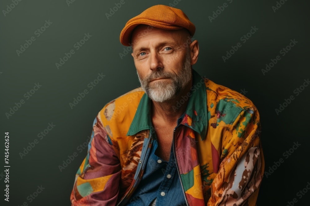 Portrait of a handsome mature man with a beard wearing a cap and a colorful jacket.