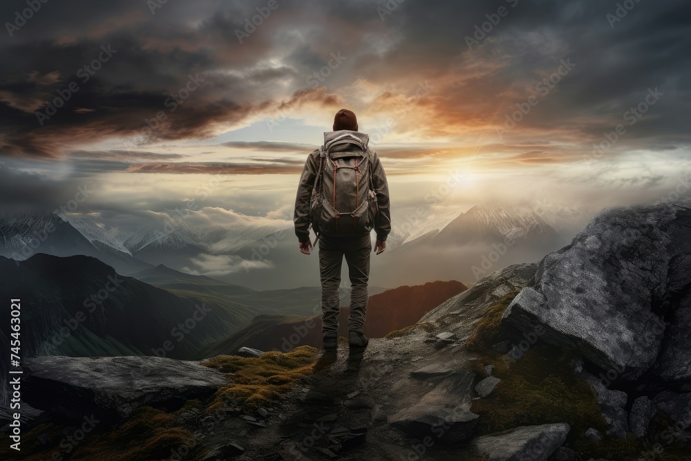 Determined Man mountain hiker. Sport person portrait in adventure equipment. Generate Ai Determined Man mountain hiker. Sport person portrait in adventure equipment. Generate Ai