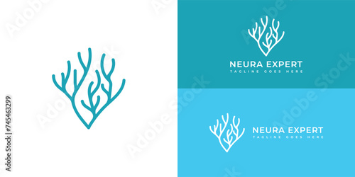 Neuron Nerve Cell or Coral Seaweed logo in blue color presented with multiple white and blue background colors. The logo is suitable for medical business logo design inspiration templates. photo