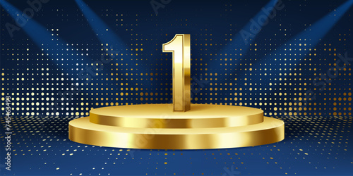 1st Year anniversary celebration background. Golden 3D numbers on a golden round podium, with lights in background.