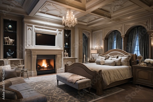 Baroque Master Suite Elegance: Ornamental Ceilings and Grand Headboards