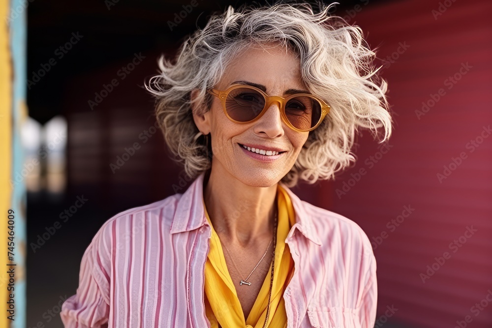 Portrait of a beautiful middle-aged woman with short hair and sunglasses Portrait of a beautiful middle-aged woman with short hair and sunglasses