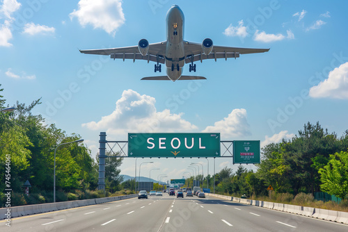 Plane landing in Seoul, South Korea, with "SEOUL" road sign in frame 