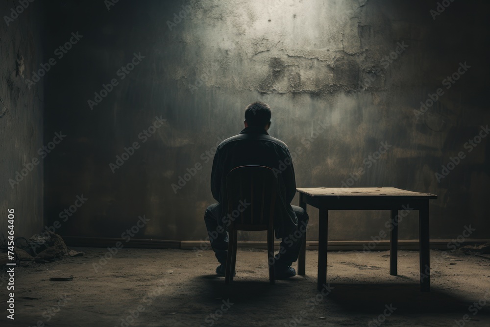 Small man sitting alone in front of the door. Home room. Generate Ai Small man sitting alone in front of the door. Home room. Generate Ai