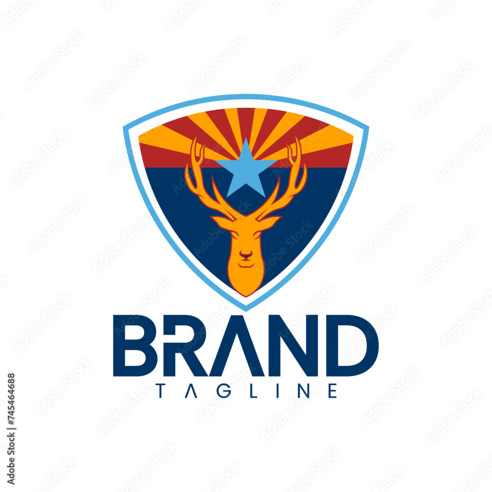 deer head in a shield vector logo with three color, blue, red, orange deer head in a shield vector logo with three color, blue, red, orange