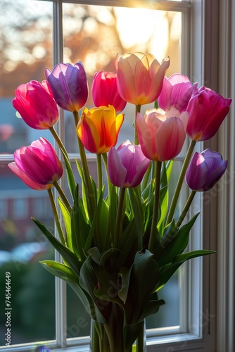 pink and yellow tulips, creating a lively and cheerful display of natures beauty, near window with sunshine