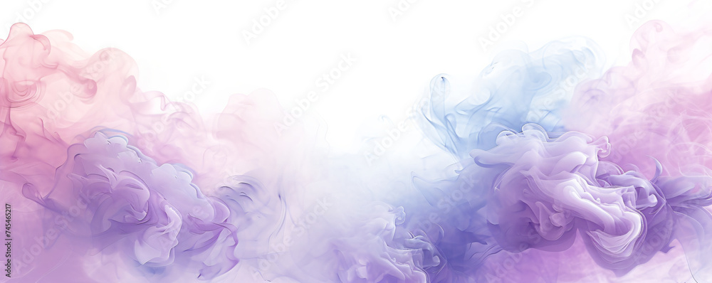 Fototapeta premium Acrylic color pigment and ink cloud in water. Abstract smoke on white background with copy space. Fancy dream cloud of ink underwater. Purple, blue and pink colors