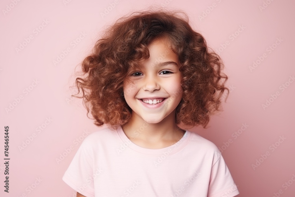 Portrait of a smiling little girl with curly hair over pink background Portrait of a smiling little girl with curly hair over pink background
