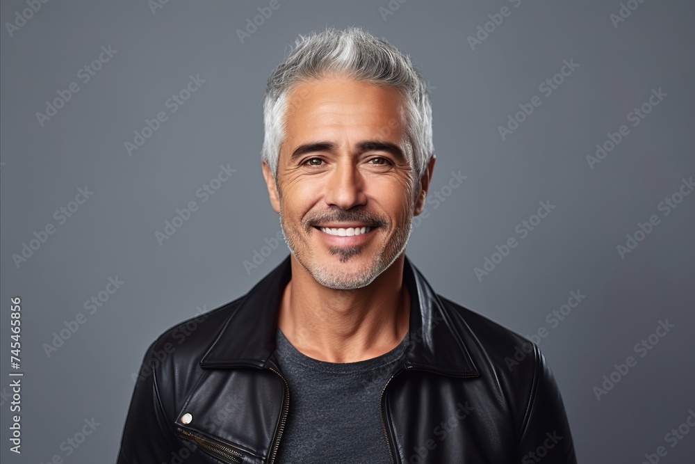 Portrait of a handsome mature man in a leather jacket. Men's beauty, fashion. - obrazy, fototapety, plakaty 
