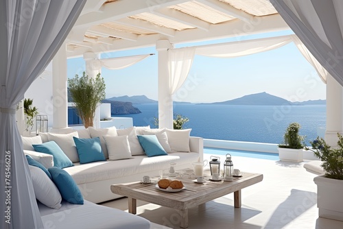 Grecian Elegance on the Patio: Blue Textiles, White Furniture, Sea View © Michael