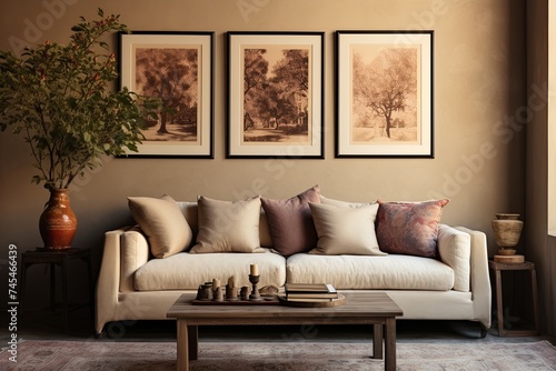 Persian Loft Chic: Beige Sofa, Stucco Walls, & Framed Art Decor in Living Room