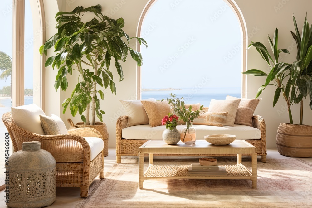 Persian-inspired Coastal Living: Sunny Room Decor with Rattan Furniture Touches
