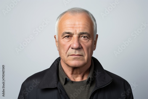 Portrait of a senior man in a black jacket. Isolated on grey background.