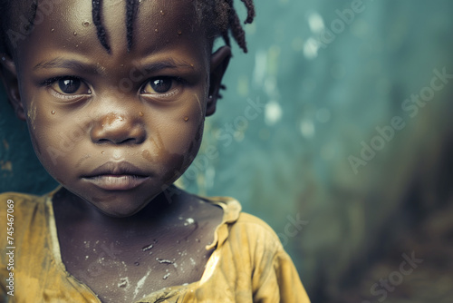 Poor child of Africa, copy space of an orphaned African girl devastated by war and hunger, sadness and hunger of a little homeless girl