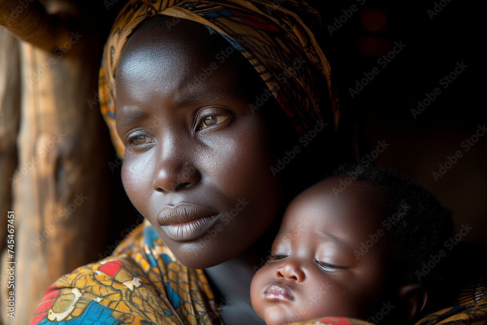 African mother and baby, portrait of the poverty and sadness of a woman ...