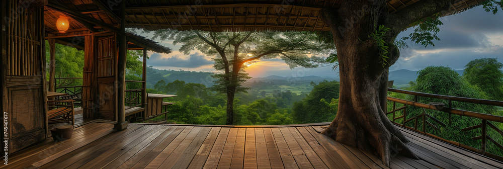 A rustic bamboo treehouse nestled within lush greenery, featuring a spacious deck and traditional thatched roofing, with the golden rays of the setting sun filtering through the tree branches.