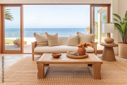Sunny Beachfront Living Room with Terracotta Rug and Wooden Coffee Table - Holiday Vibes