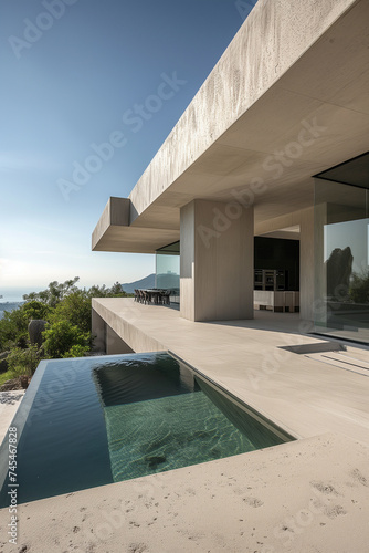 Architecturally striking home with a cantilevered design, featuring a concrete structure and an elevated pool that seamlessly merges with the distant ocean view under a clear sky. © Alena