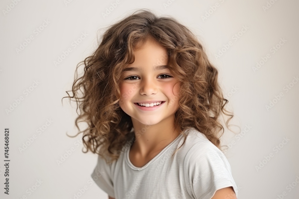 Portrait of a cute little girl with curly hair over gray background Portrait of a cute little girl with curly hair over gray background