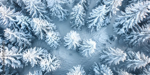 aerial view of pine trees covered with snow