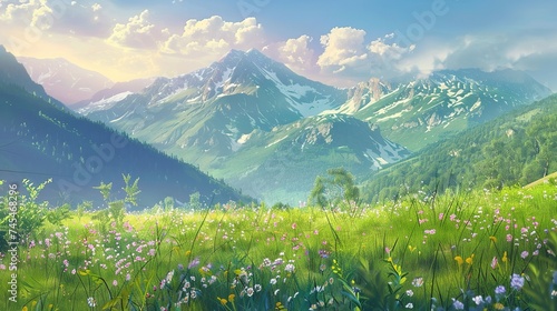 Colorful summer morning in mountains, generative ai