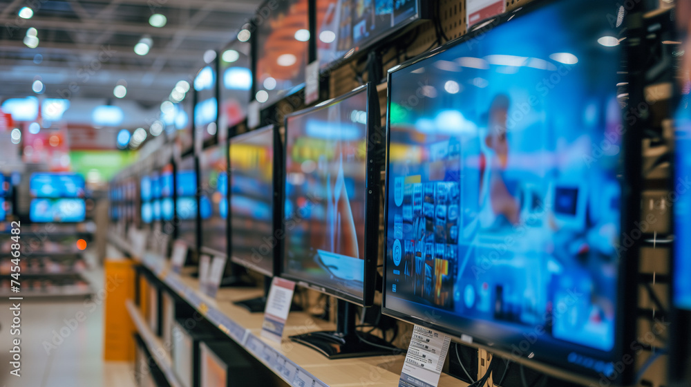 A lineup of compact LCD monitors rests on a shelf within the electronics section of a department store. A lineup of compact LCD monitors rests on a shelf within the electronics section of a department store.