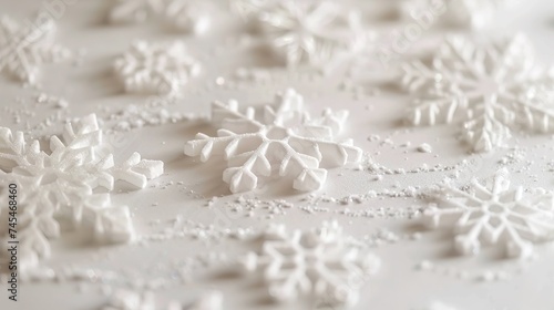 Decorative snowflakes on white snow. Winter holidays background. Soft focus , generative ai