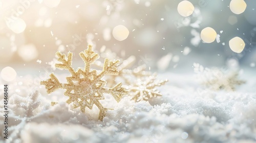 Decorative snowflakes on white snow. Winter holidays background. Soft focus , generative ai