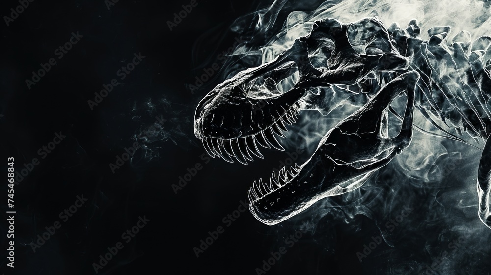 Tyrannosaurus Skeleton in Black Haze - obrazy, fototapety, plakaty 