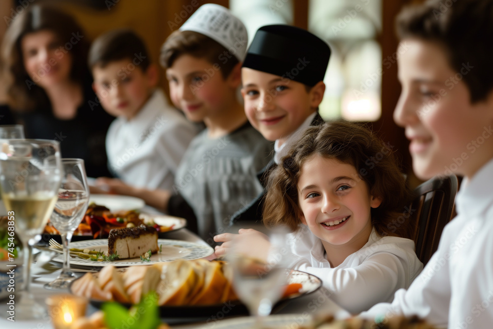 A Jewish family celebrates a Bar Mitzvah. Jews gather around the festive table to celebrate Hanukkah. a Jewish holiday, Jewish traditions A Jewish family celebrates a Bar Mitzvah. Jews gather around the festive table to celebrate Hanukkah. a Jewish holiday, Jewish traditions