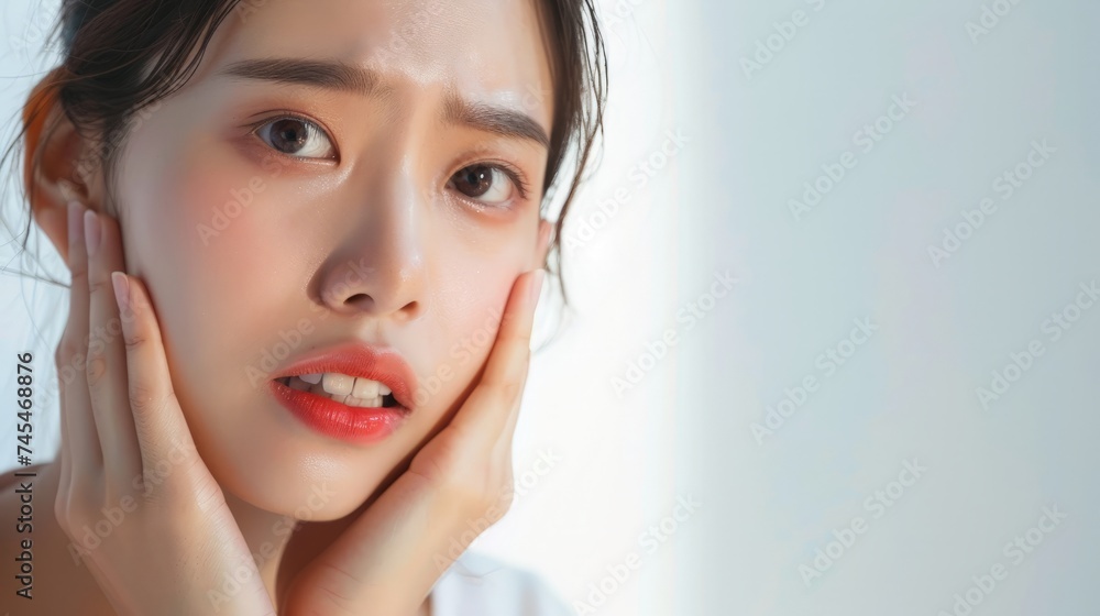 Young woman suffering from toothache over white background. Cause of tooth pain include tooth decay, inflammation, dental abscess, gum disease or sensitive teeth. Young woman suffering from toothache over white background. Cause of tooth pain include tooth decay, inflammation, dental abscess, gum disease or sensitive teeth.