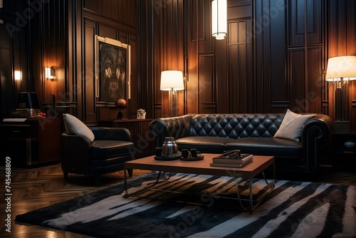Vintage Film Noir Living Room: Black Leather Sofa, Art Deco Rug, Dim Light Pendant © Michael