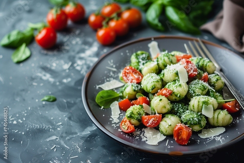 Homemade gnocchi with spinach pesto, healthy mediterranean food. Italian food. Vegetarian food.