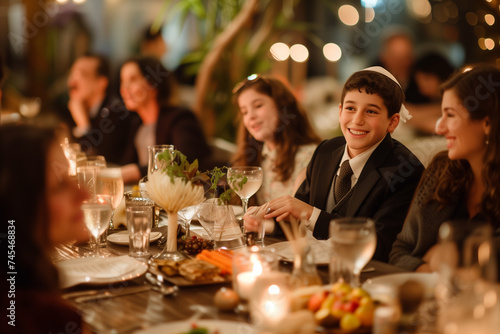 A Jewish family celebrates a Bar Mitzvah. Jews gather around the festive table to celebrate Hanukkah. a Jewish holiday, Jewish traditions