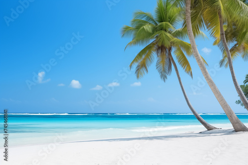 Palm trees standing tall on a sandy beach with the azure ocean in the background, under a bright blue sky with fluffy clouds on a tropical daytime natural landscape