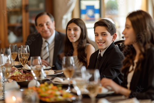 A Jewish family celebrates a Bar Mitzvah. Jews gather around the festive table to celebrate Hanukkah. a Jewish holiday, Jewish traditions